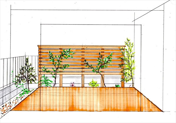 神奈川県横浜市港北区Ｍ邸 ３種類のハードウッドを使いわけた フェンス付ガーデンプラン